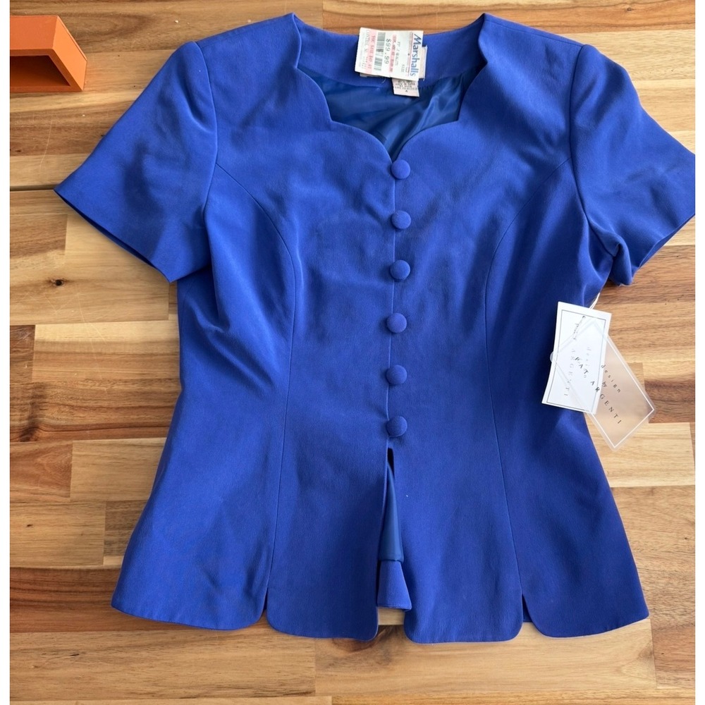 Pat Argenti Vintage 100 Silk Royal Blue Scalloped Neck Button Front Blouse 4 NWT